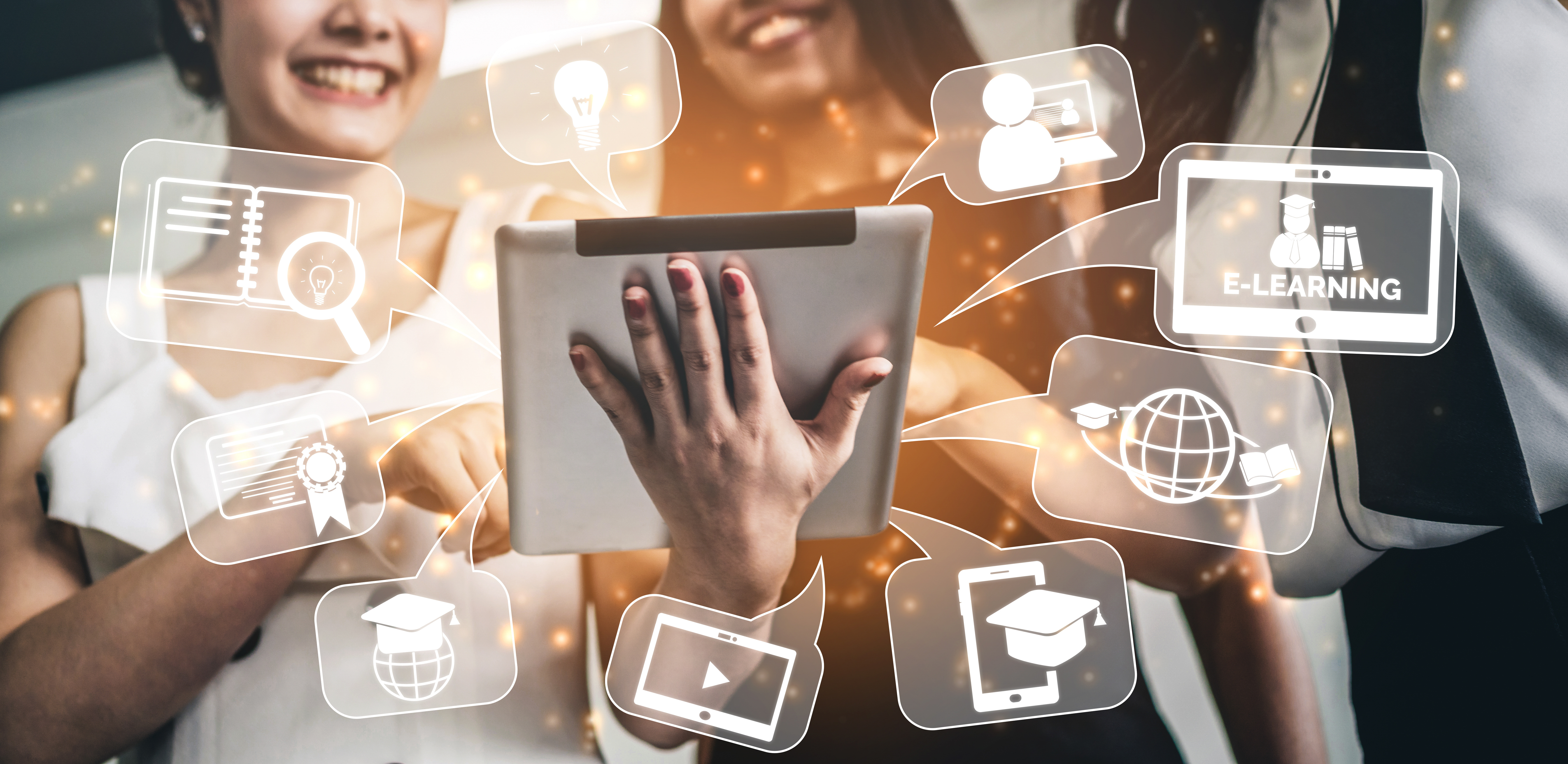 E-learning and Online Education for Student and University Concept. Graphic interface showing technology of digital training course for people to do remote learning from anywhere.